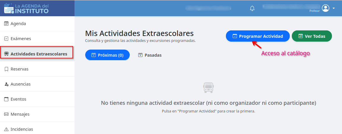 Acceso a Actividades Extraescolares del profesor