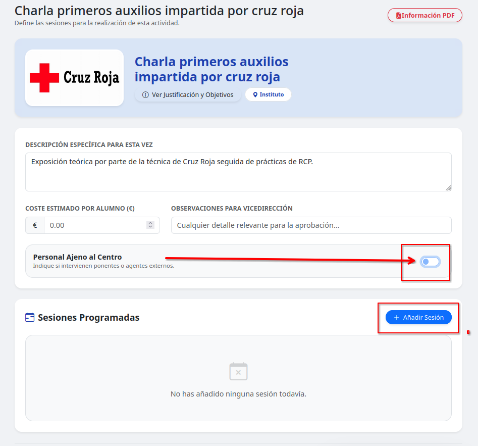Selección de una actividad del catálogo