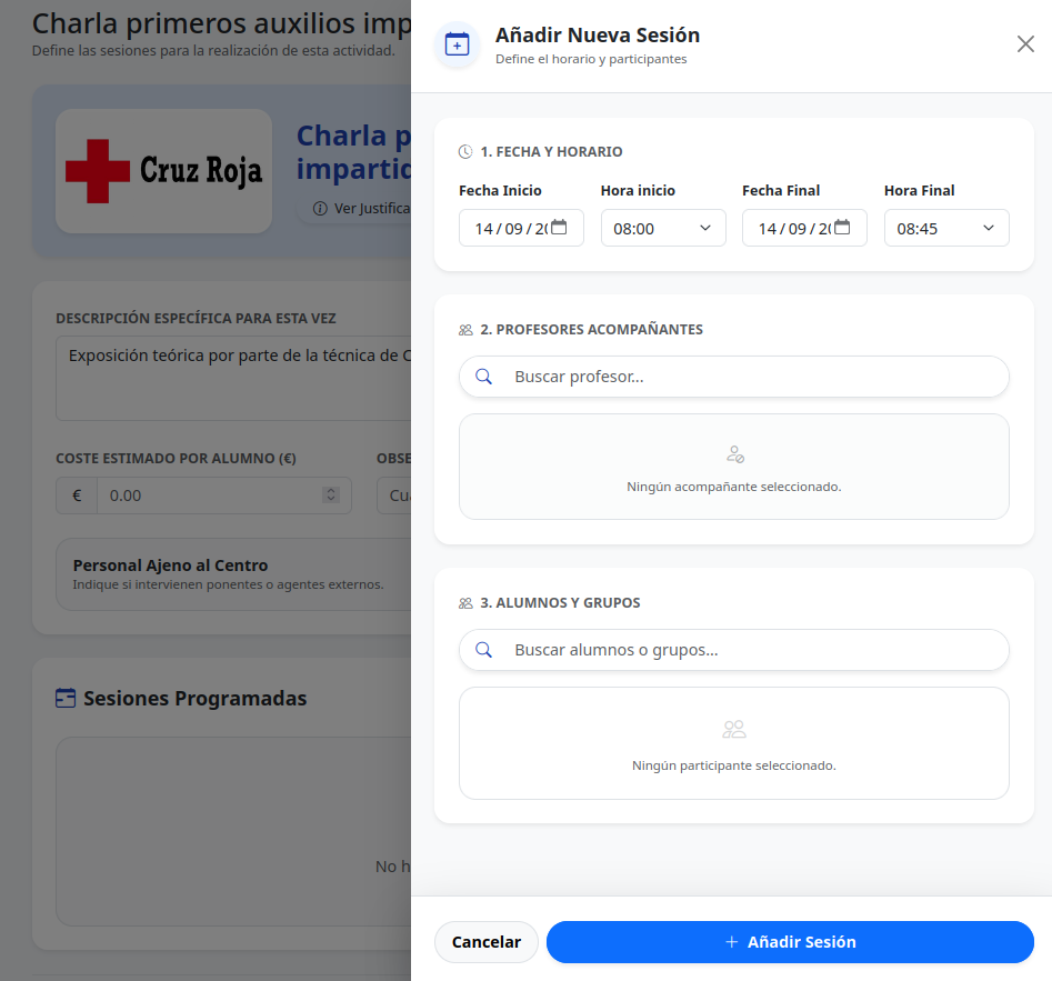 Formulario para introducir datos de la sesión