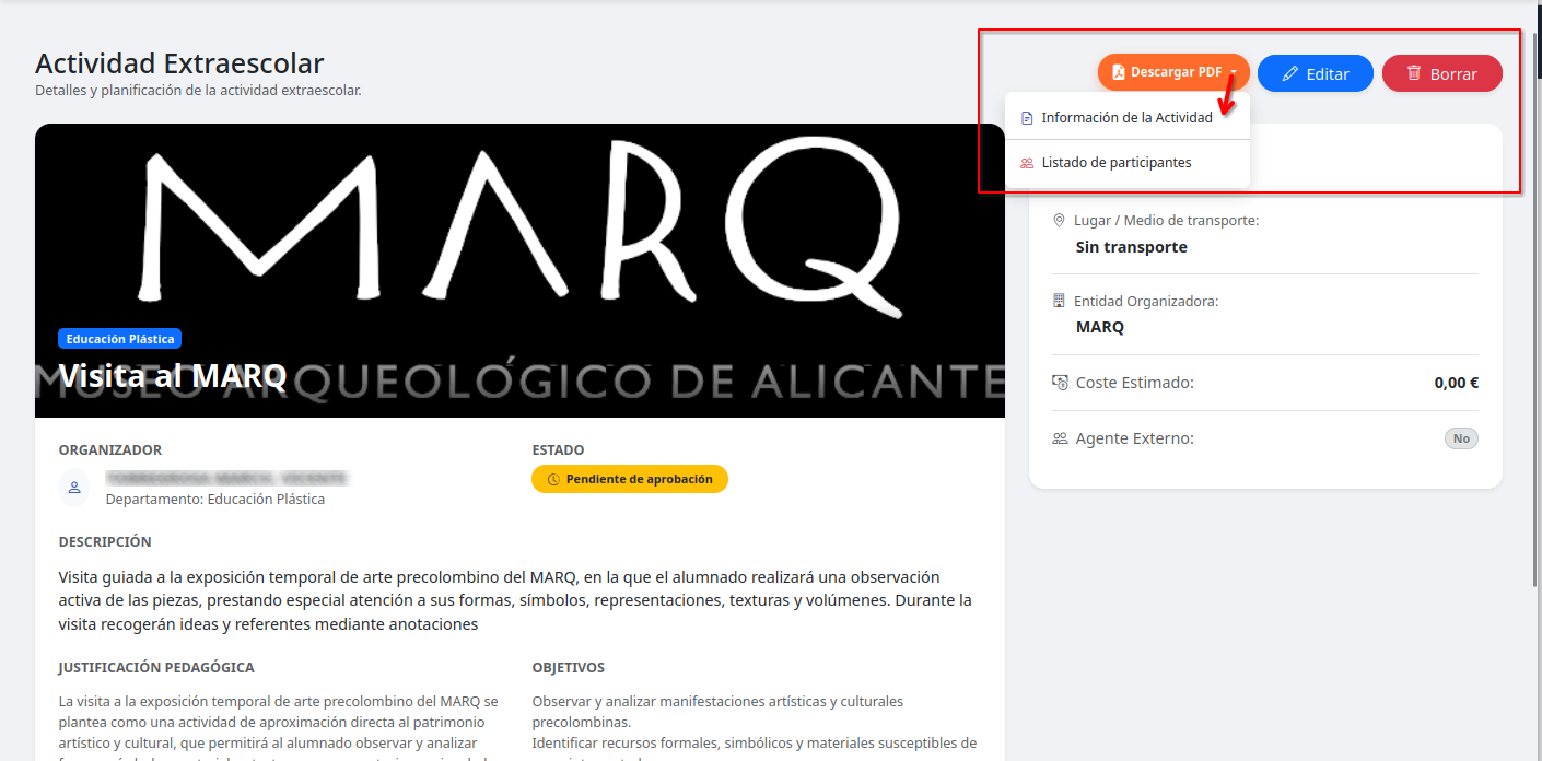 Consulta de Actividad Extraescolar y opciones de edición/impresión