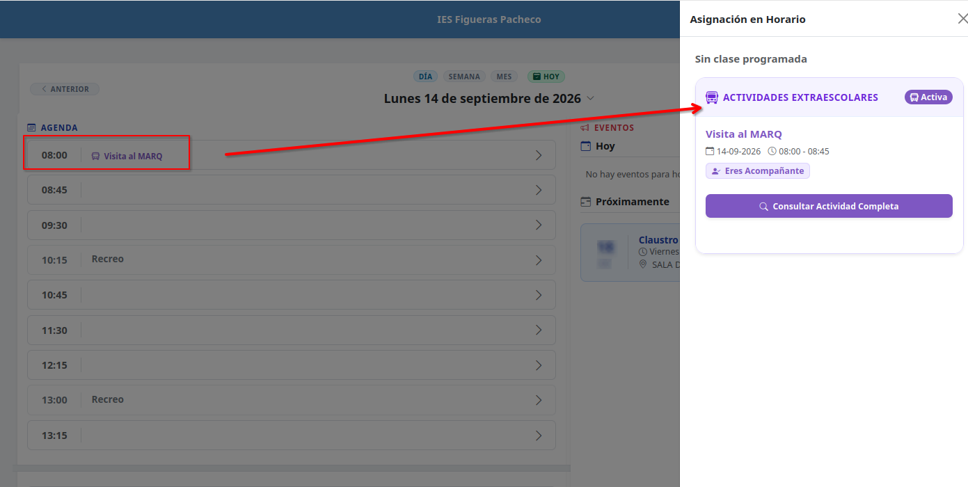 Aviso en la agenda de profesores acompañantes y afectados