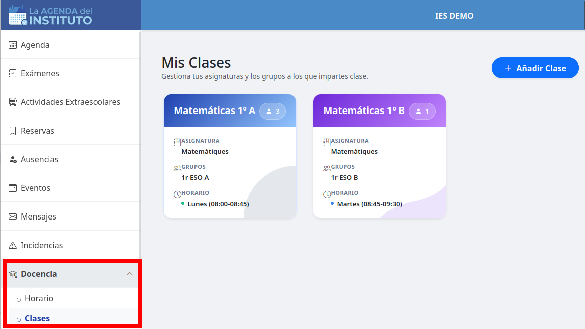 Captura de pantalla de la sección Docencia - Clases