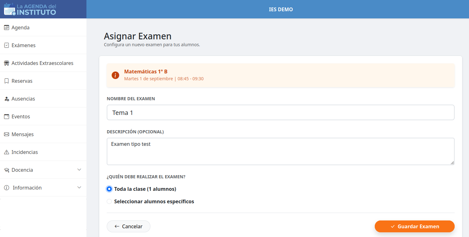 Formulario de configuración del examen y selección de alumnos