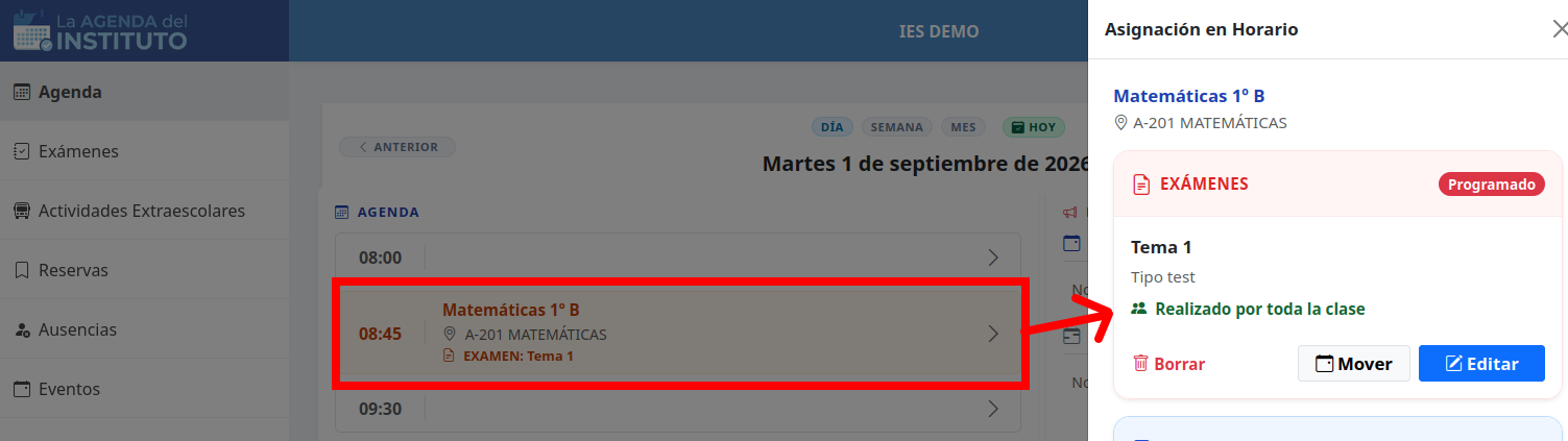 Anotación del examen en la Agenda y opciones de edición/eliminación