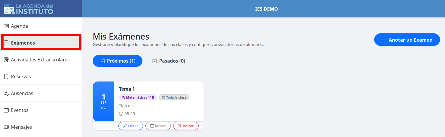 Gestión de todos los exámenes asignados en la opción Exámenes del menú principal