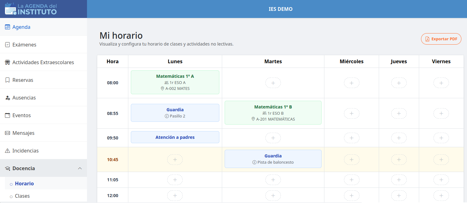 Captura de pantalla de la sección Docencia - Horario